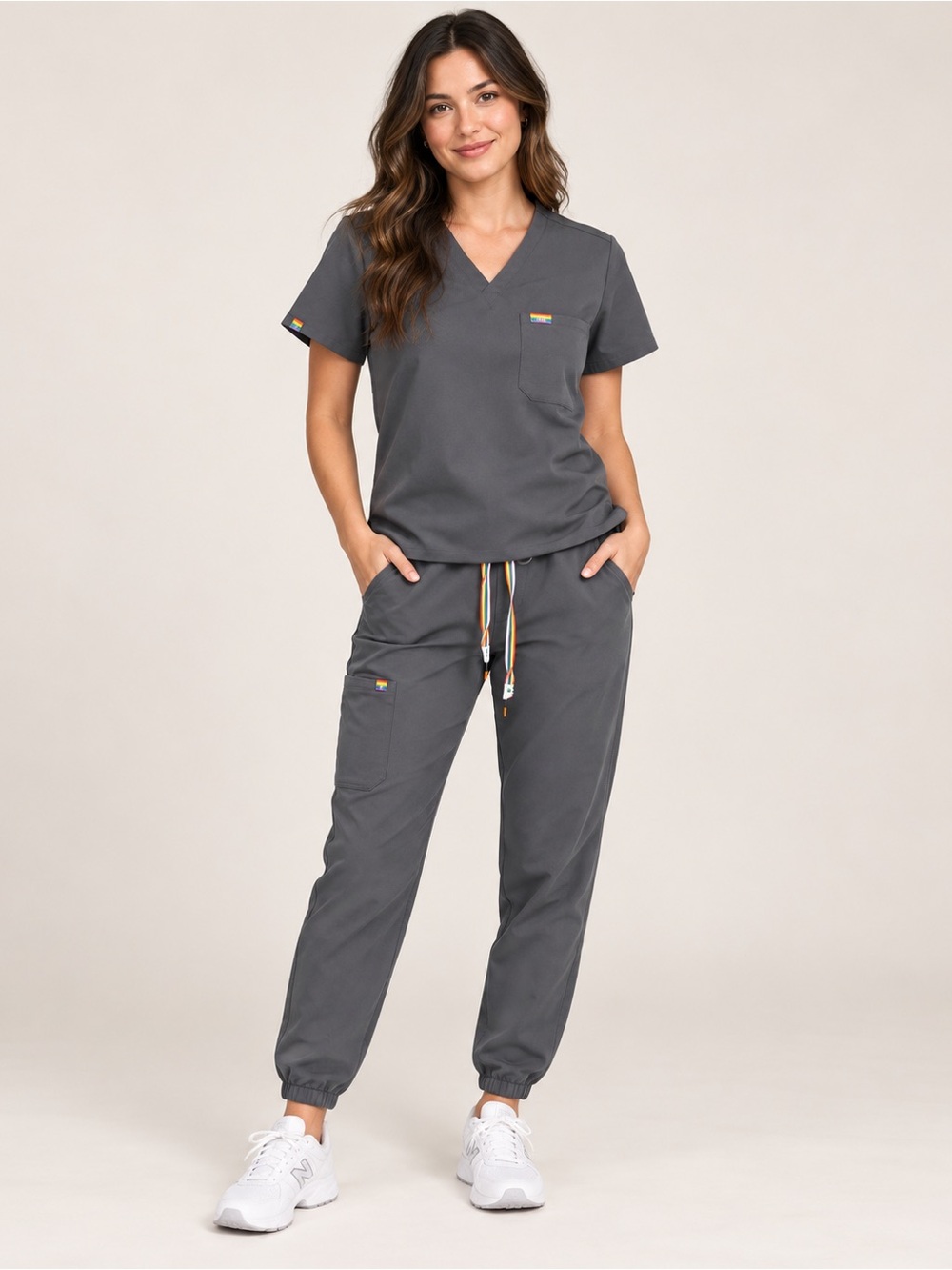 FIGS Pride Scrub Set Catarina Top + Zamora Joggers Rainbow Charcoal